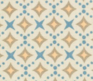 Detail of the pattern Celestial-Stone for the Healing Spaces® Double Lapover Gown. It has a light beige background with blue stars and olive diamonds.