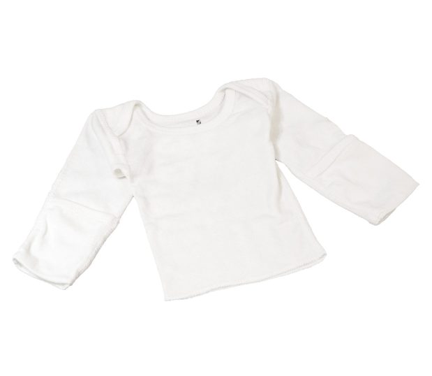 Silhouette of our Long Sleeve DuroSoft Baby Shirt with mitt cuffs. These baby shirts are made from 100% cotton. This one is the Slipper over design.