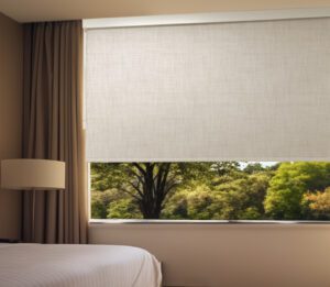 The Newton chain-free solar shade installed in a hotel guest room.